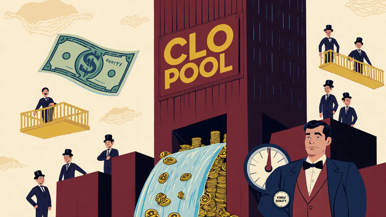 Illustration of a CLO waterfall with tranches and a manager adjusting financial dials.