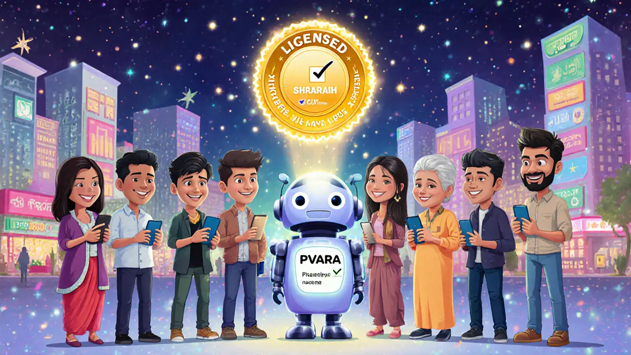Pakistani users smile at licensed crypto platforms guided by a friendly PVARA robot in a vibrant city square.