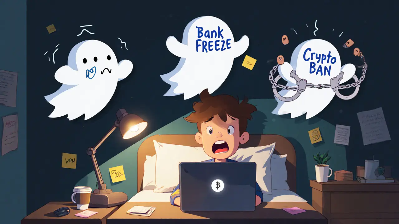 Teenager using a VPN on a laptop while cartoon legal threats chase him.