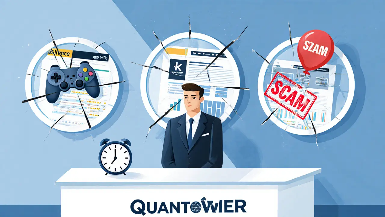 Trader using Quantower with real exchange charts, surrounded by warnings against scams.
