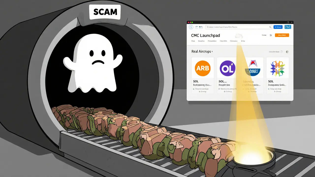 Wallets being sucked into a scam vacuum while real airdrops glow safely in the distance.