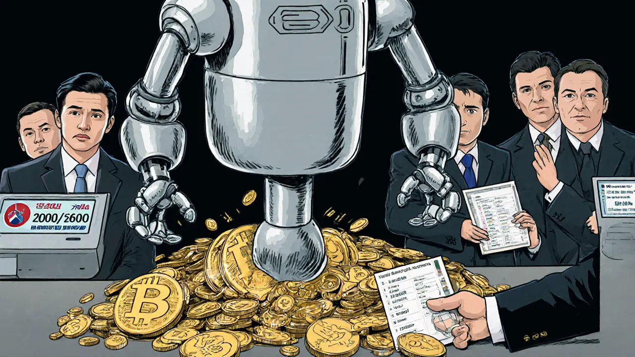 A CBDC robot crushing Bitcoin and Ethereum as licensed exchanges hand over keys to a government official.