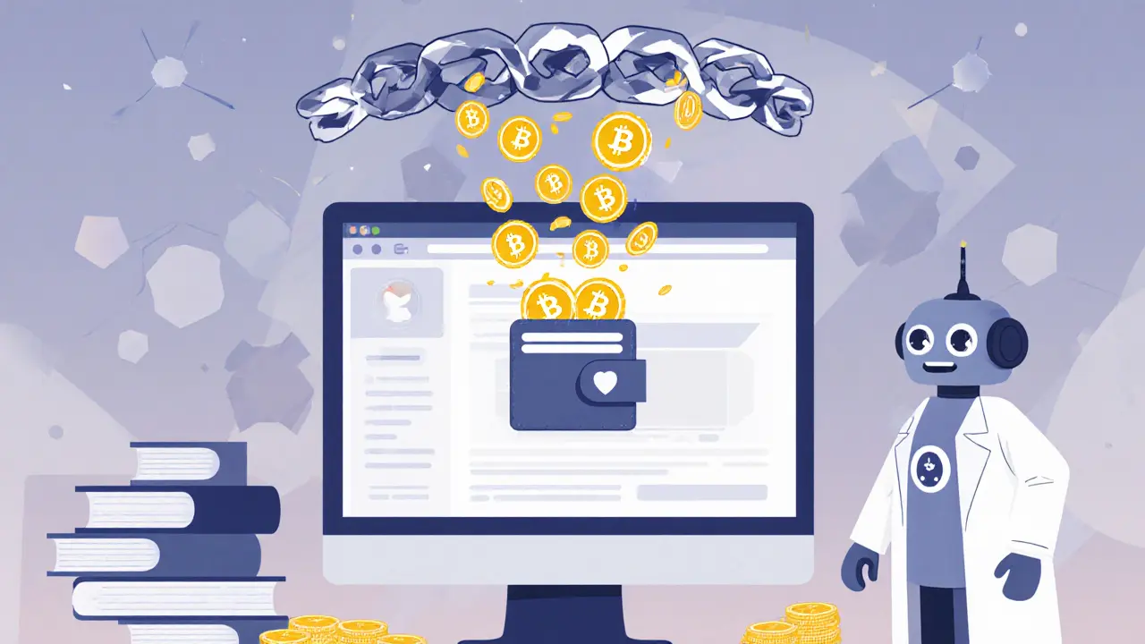 A desktop wallet staking ARDR tokens with rewards falling as golden coins, in UPA cartoon style.