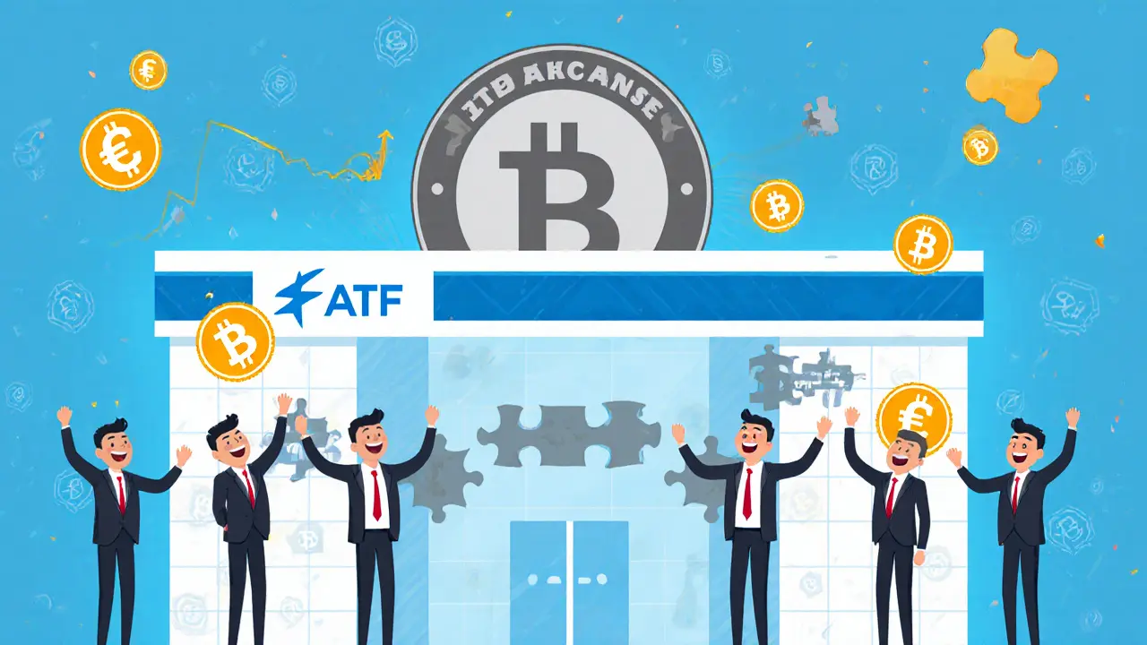 A Dubai crypto exchange celebrating as bank icons reconnect, with FATF badge turning clear.