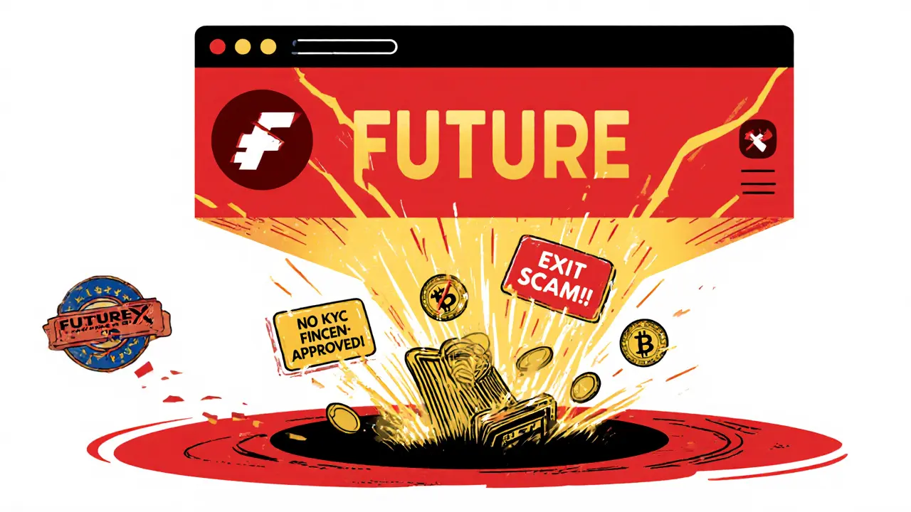 A fake crypto exchange banner glows with false claims as wallets vanish into a black hole.