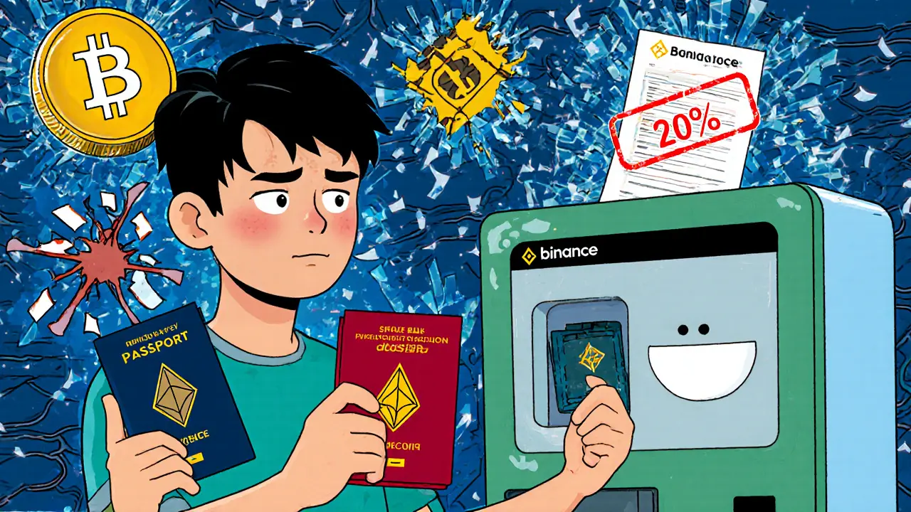 A foreign student being verified by a bank machine while international crypto options shatter around them.