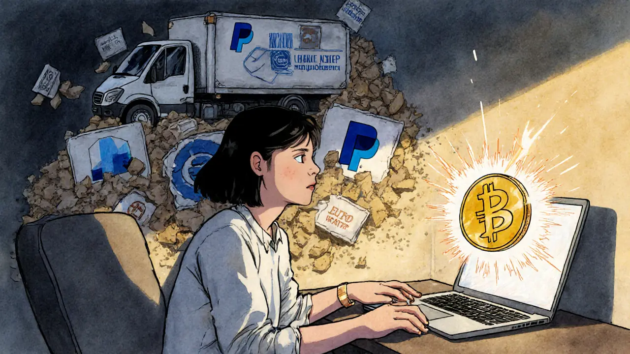 A freelancer watching stablecoins transform while traditional fees crumble in the background.