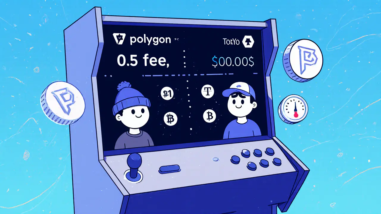 A futuristic DEX interface with cartoon users swapping stablecoins and low fees displayed.