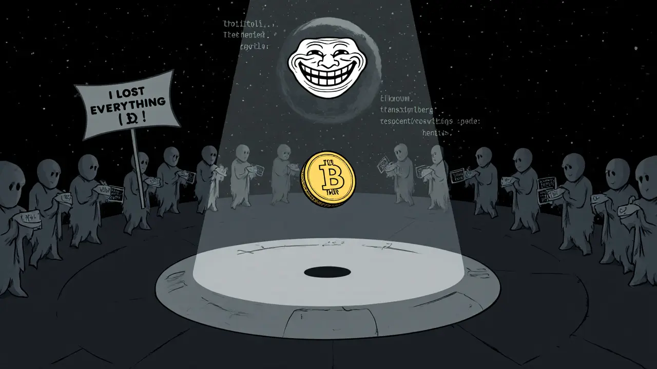 A lone TROLL token under a spotlight as ghostly losers fade away, with a Trollface moon looming in the digital void.