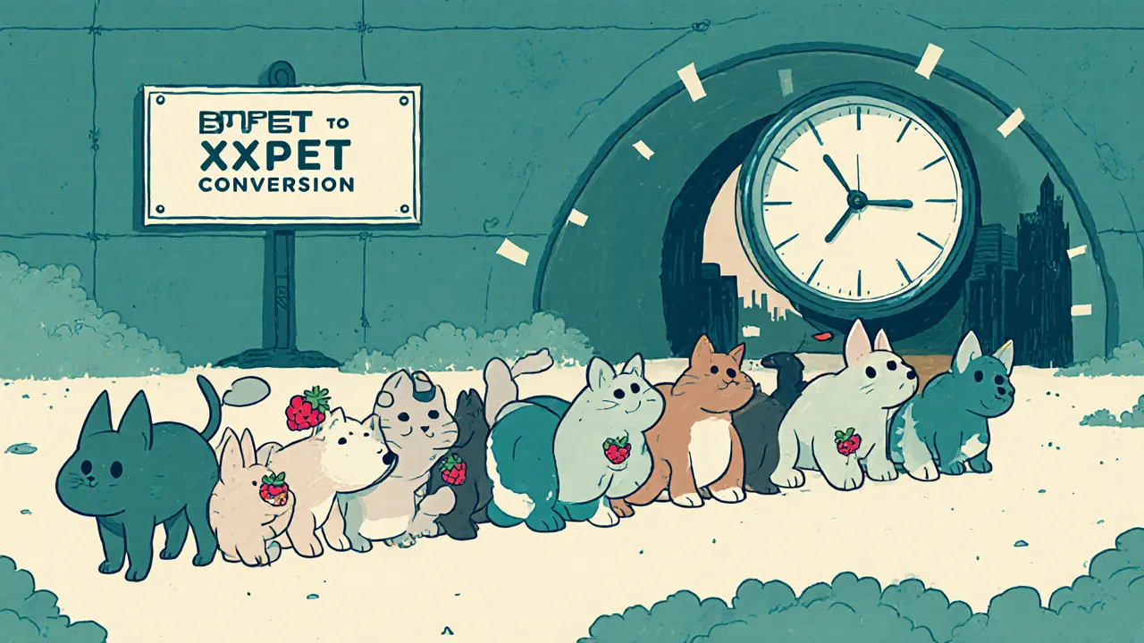 A long line of digital pets waiting to convert berries into tokens, with a slow-moving clock and blockchain tunnel in background.