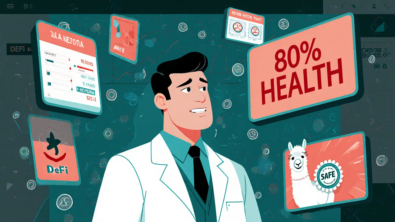 A nervous trader surrounded by glowing DeFi dashboards showing liquidation warnings and health factors.