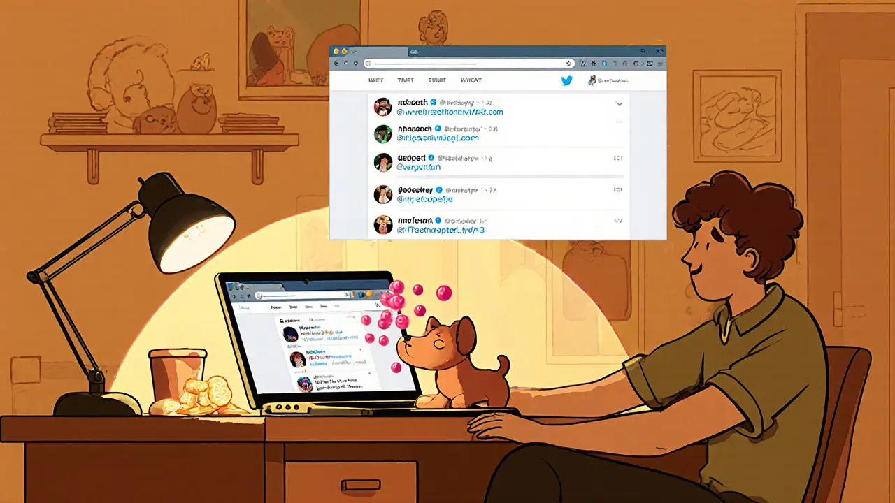 A person at a desk with a laptop showing the xPET extension, their pet producing berries as other pets appear on Twitter.