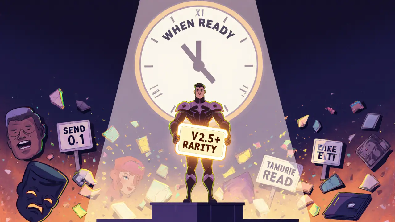 A player holds a rare NFT as scam artifacts crumble below, under a clock reading &#039;When Ready&#039;.