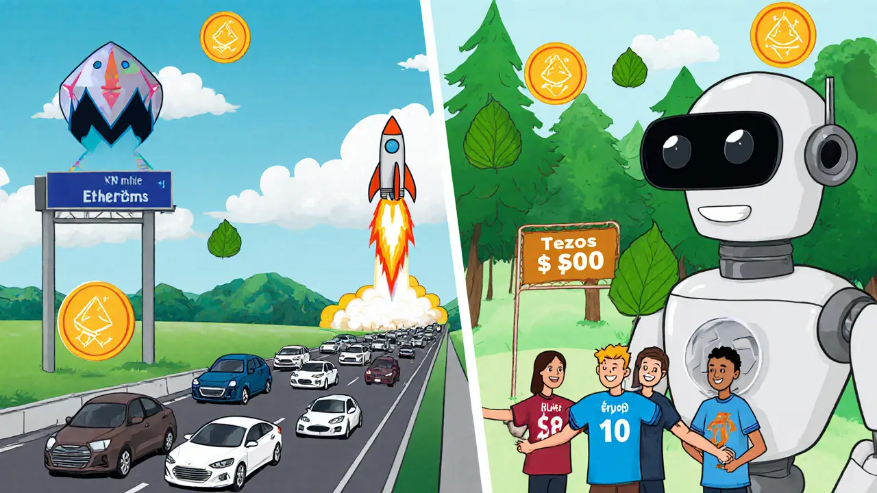 A rocket launching with low fees beside congested traffic, contrasting Solana and Ethereum, with Tezos in a green forest.