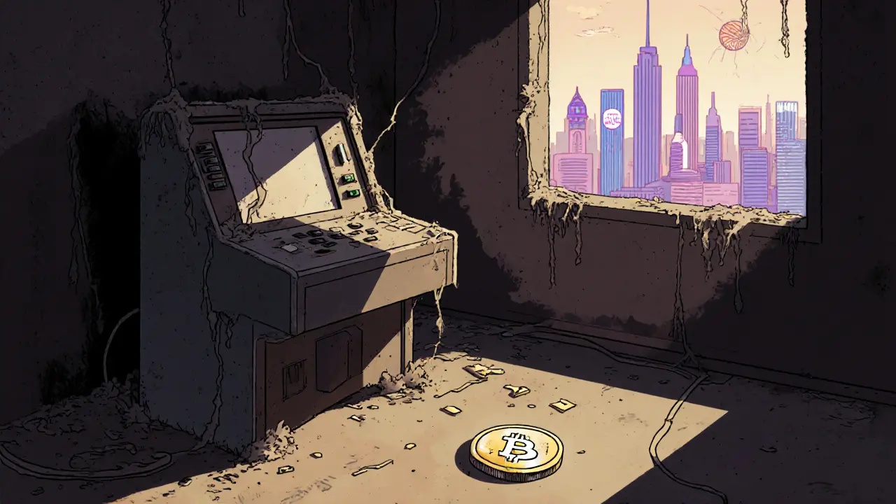 An abandoned Alpaca Finance console in a dark room with a single glowing ALPACA token on the floor.