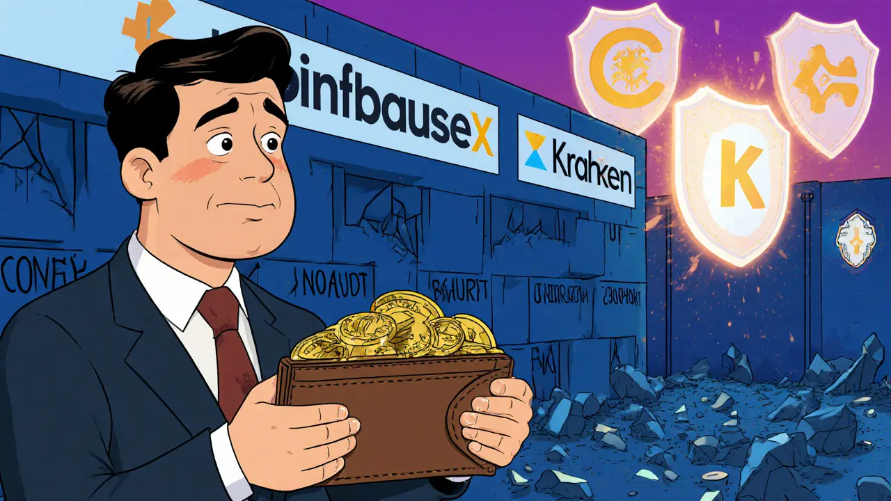 An investor gives crypto to a faceless corporate figure as security labels crumble behind them.