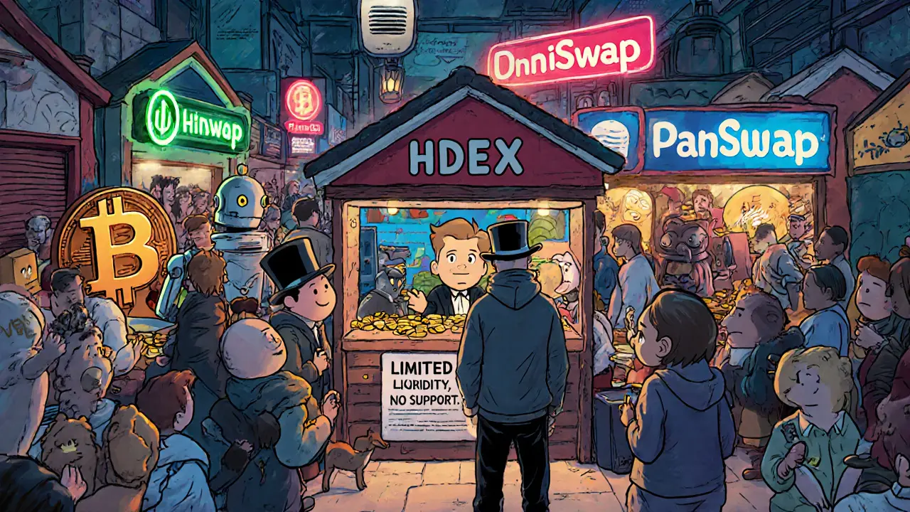 Cartoon DeFi marketplace with small, lonely HDEX stall amid bustling competitors.
