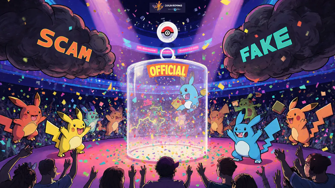 Colorful Playermons battling in a safe, official game world protected from scam clouds.