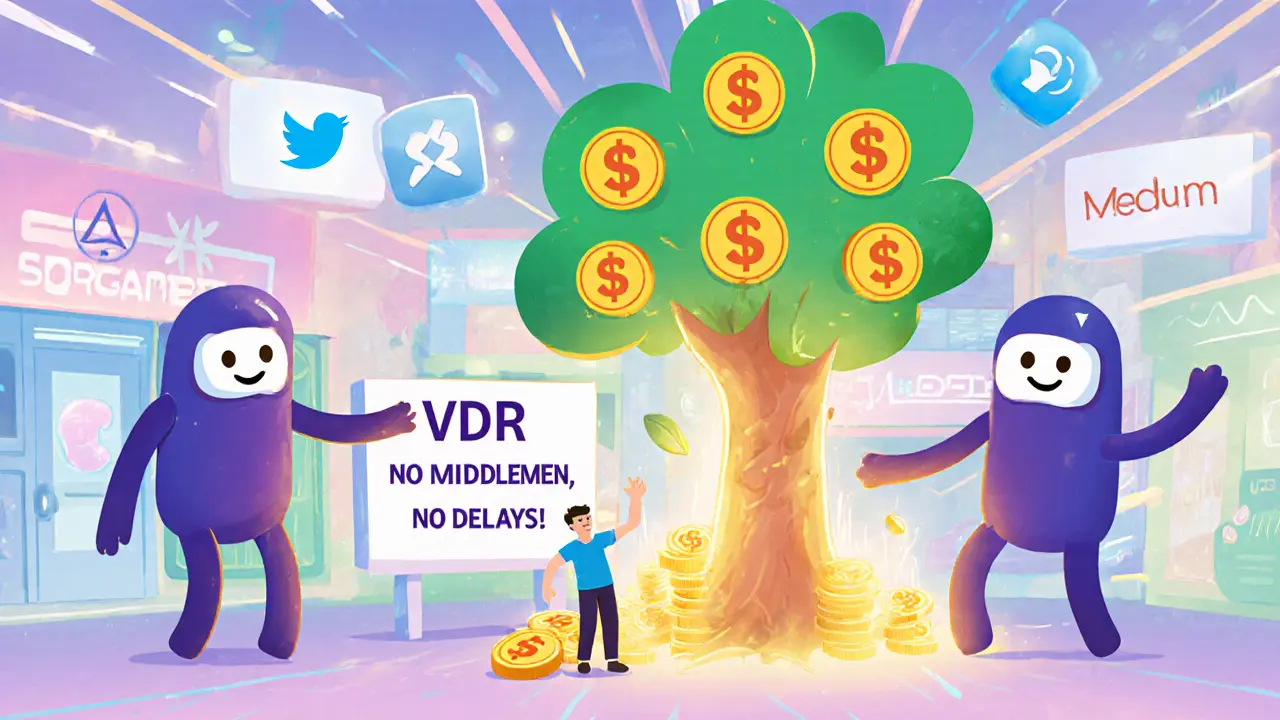 Creators trading VDR tokens at a whimsical crypto marketplace with a Solana token tree.