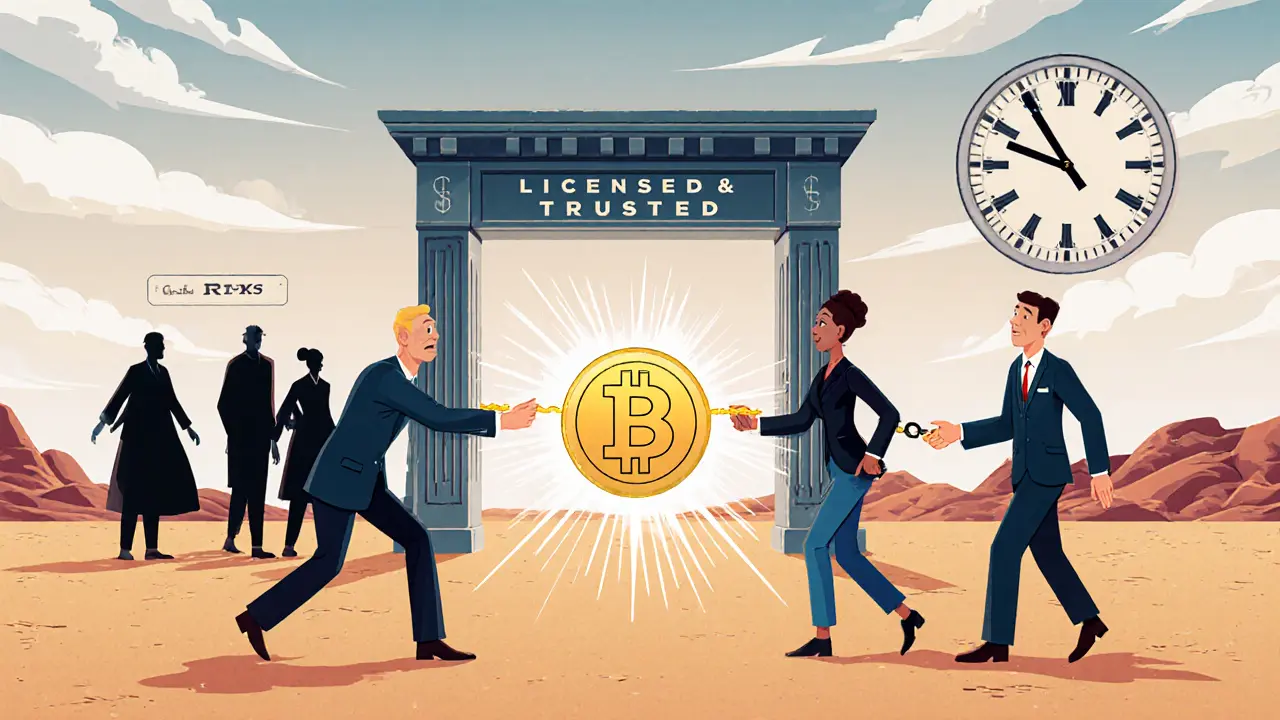 Diverse people passing a glowing token toward a &#039;Licensed &amp; Trusted&#039; gate under a ticking clock.