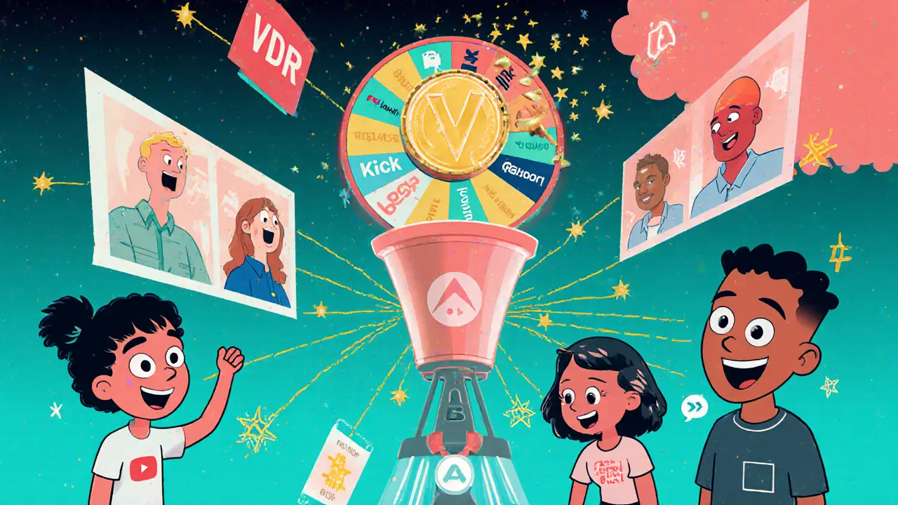 Diverse streamers connected by blockchain threads to a spinning VDR token wheel.