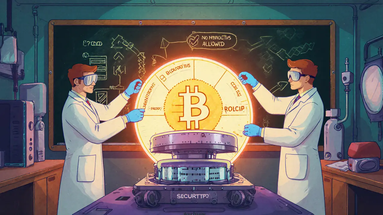 Engineers assembling a modular blockchain like a toy machine, with diagrams and labels in UPA cartoon style.