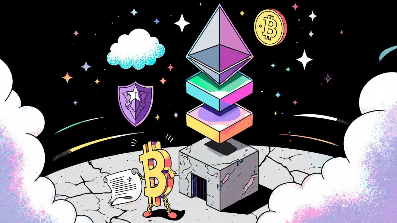 Ethereum tower supporting four floating modular layers, with Bitcoin struggling below in retro cartoon style.