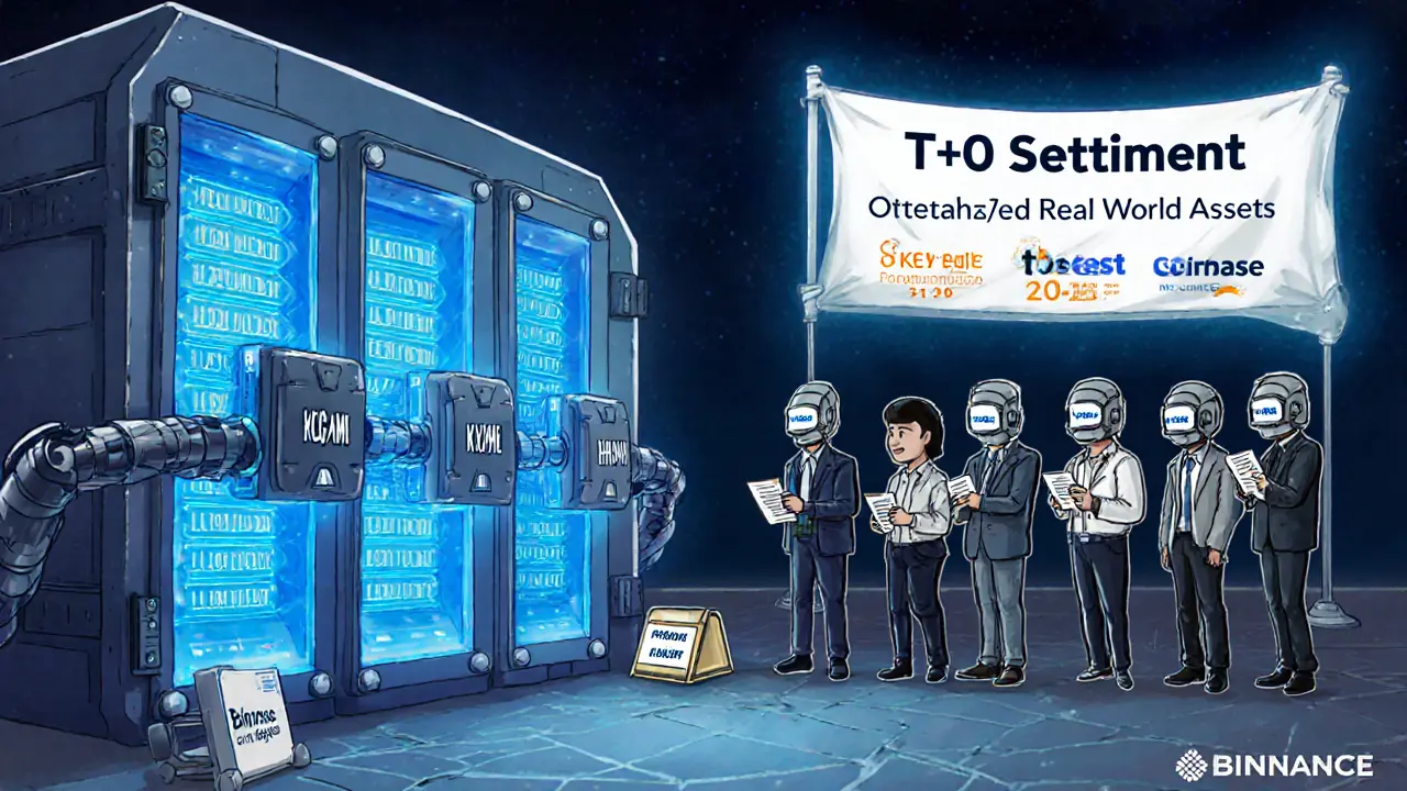 High-security vault guarded by robotic arms with HSM helmets, institutional clients waiting for onboarding with compliance documents.