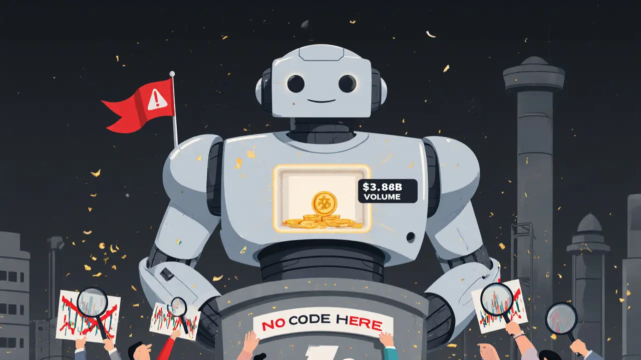 Hollow AI robot with empty chest and fake trading volume sign, traders inspect crumbling charts.