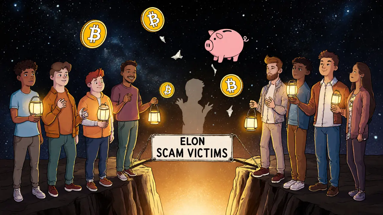 Investors hold ELON tokens like lanterns, forming a bridge over a chasm labeled &#039;Scam Victims&#039;.