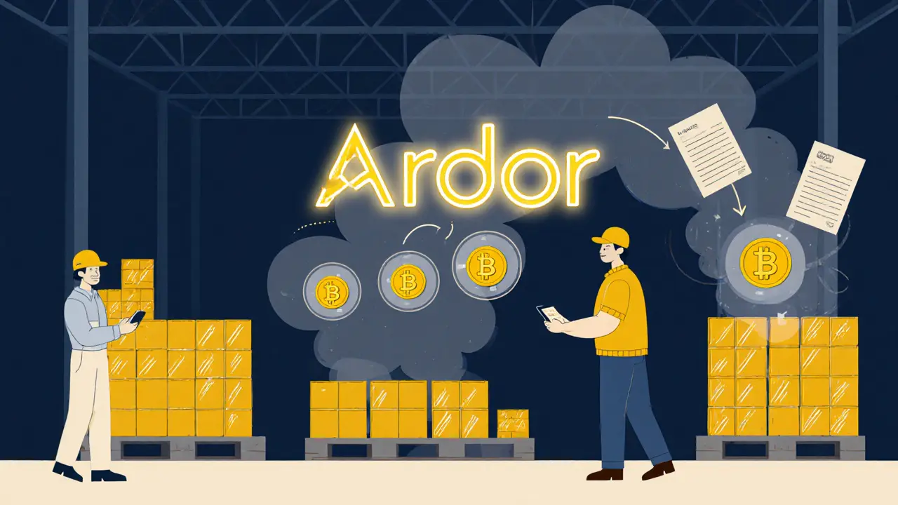 Logistics workers scanning pallets with tokens flowing into a child chain, pruned data vanishing in smoke.