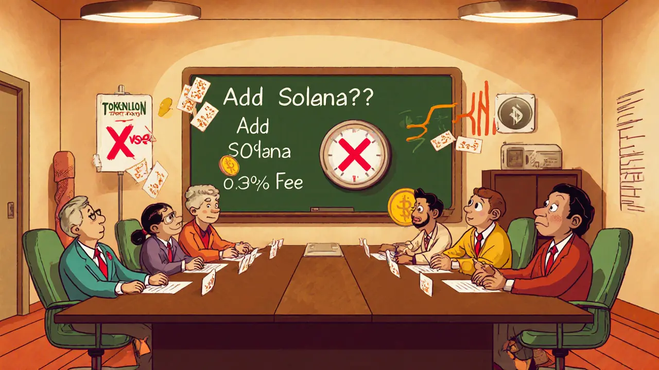 LON token holders voting in retro-futuristic boardroom with governance proposals on chalkboard