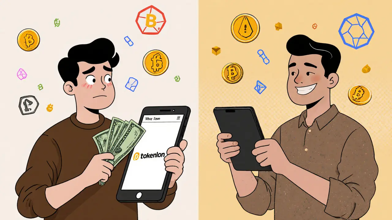 Newcomer holding USD next to Tokenlon app vs experienced user swapping crypto with LON tokens