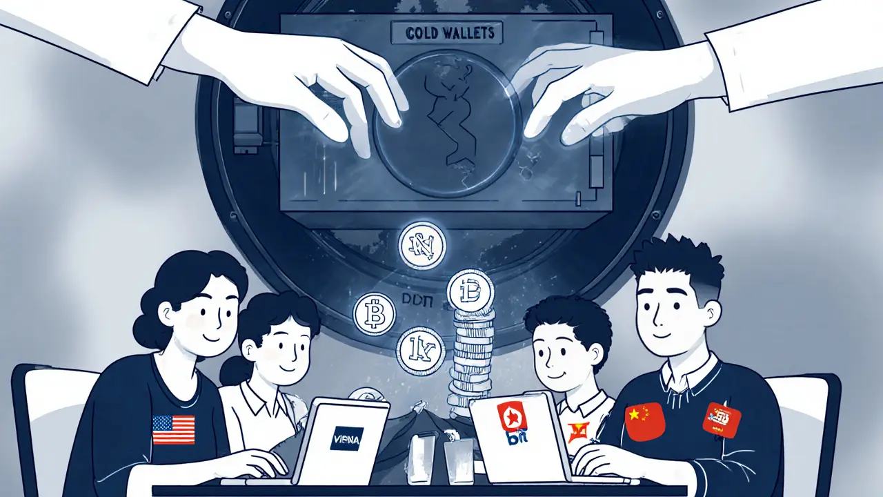 Remote workers worldwide secretly stealing crypto, hidden DPRK signs visible in subtle details.