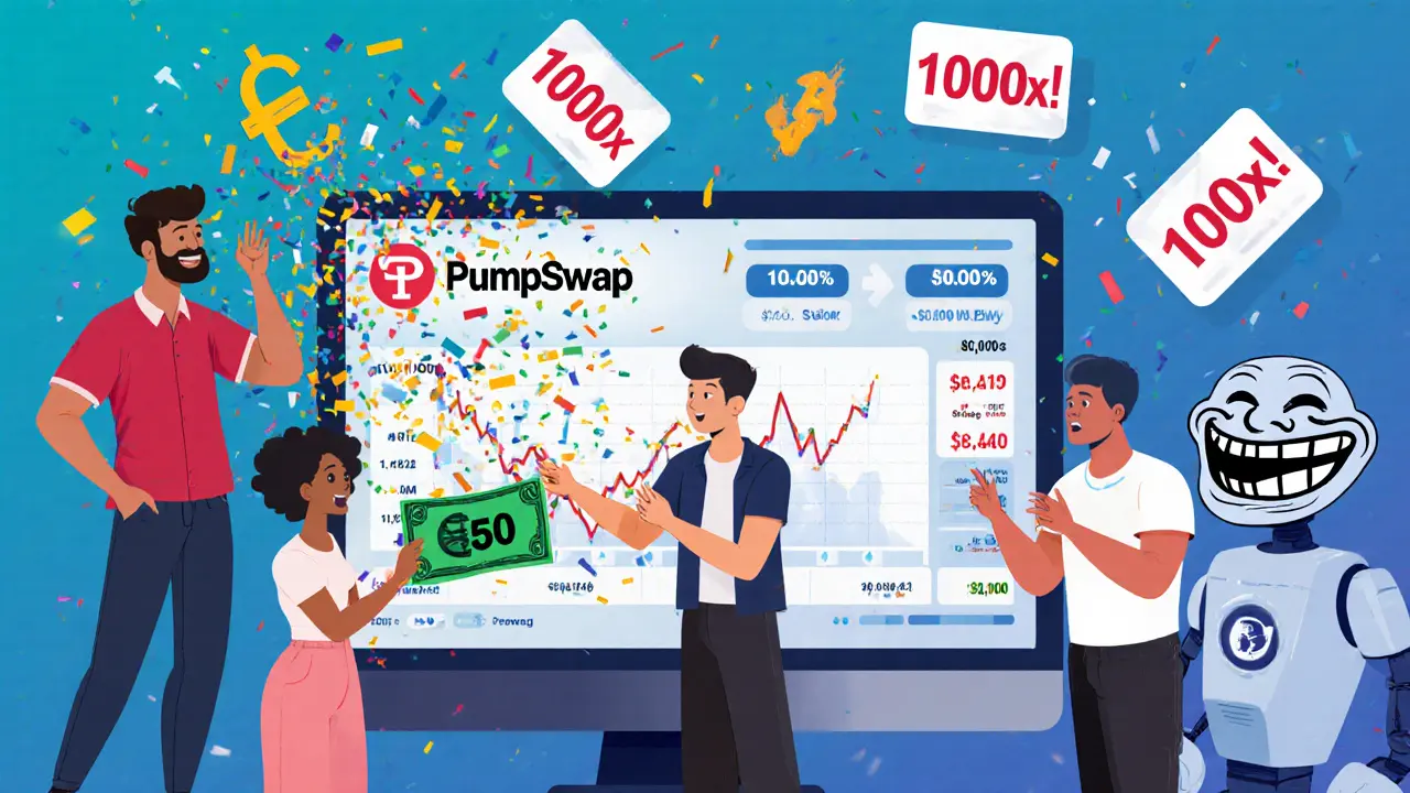 Retail investors trading TROLL tokens on PumpSwap, one losing money, another celebrating, with a Trollface robot spreading hype.