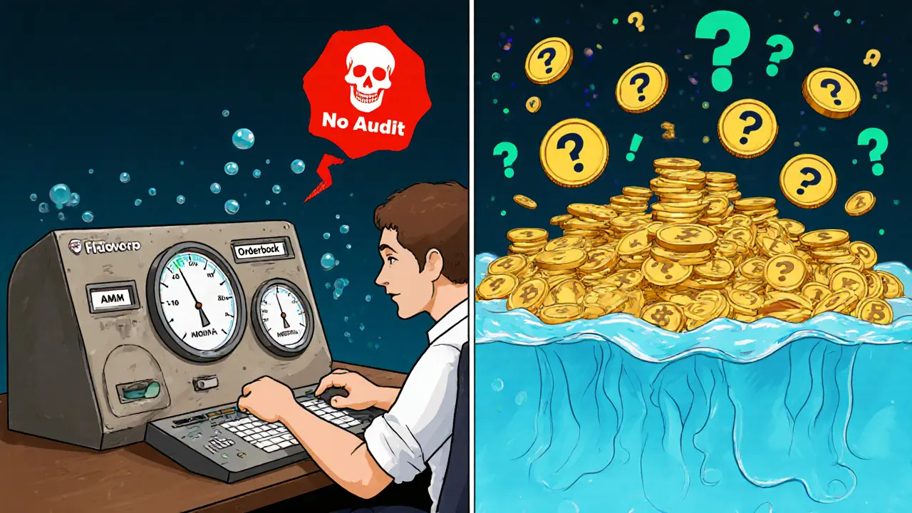 Split-screen comparison: weak HDEX liquidity vs. overflowing Uniswap pool with warning sign.