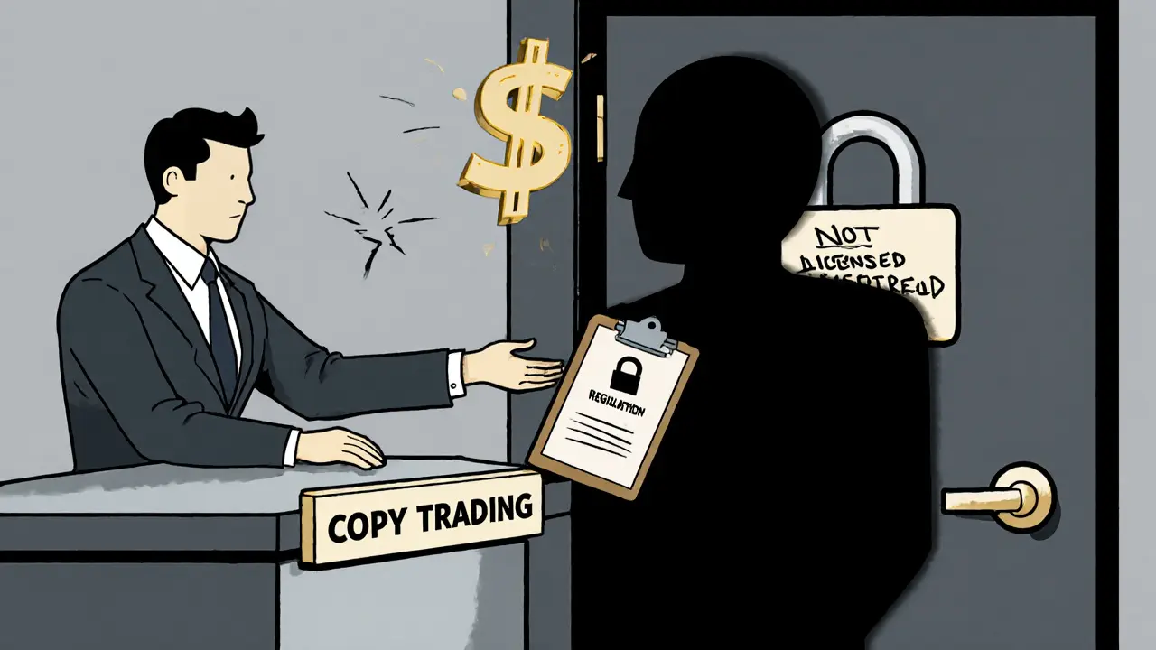 Trader reaching for faceless &#039;Top Trader&#039; while a broken &#039;Regulation&#039; lock hangs nearby.