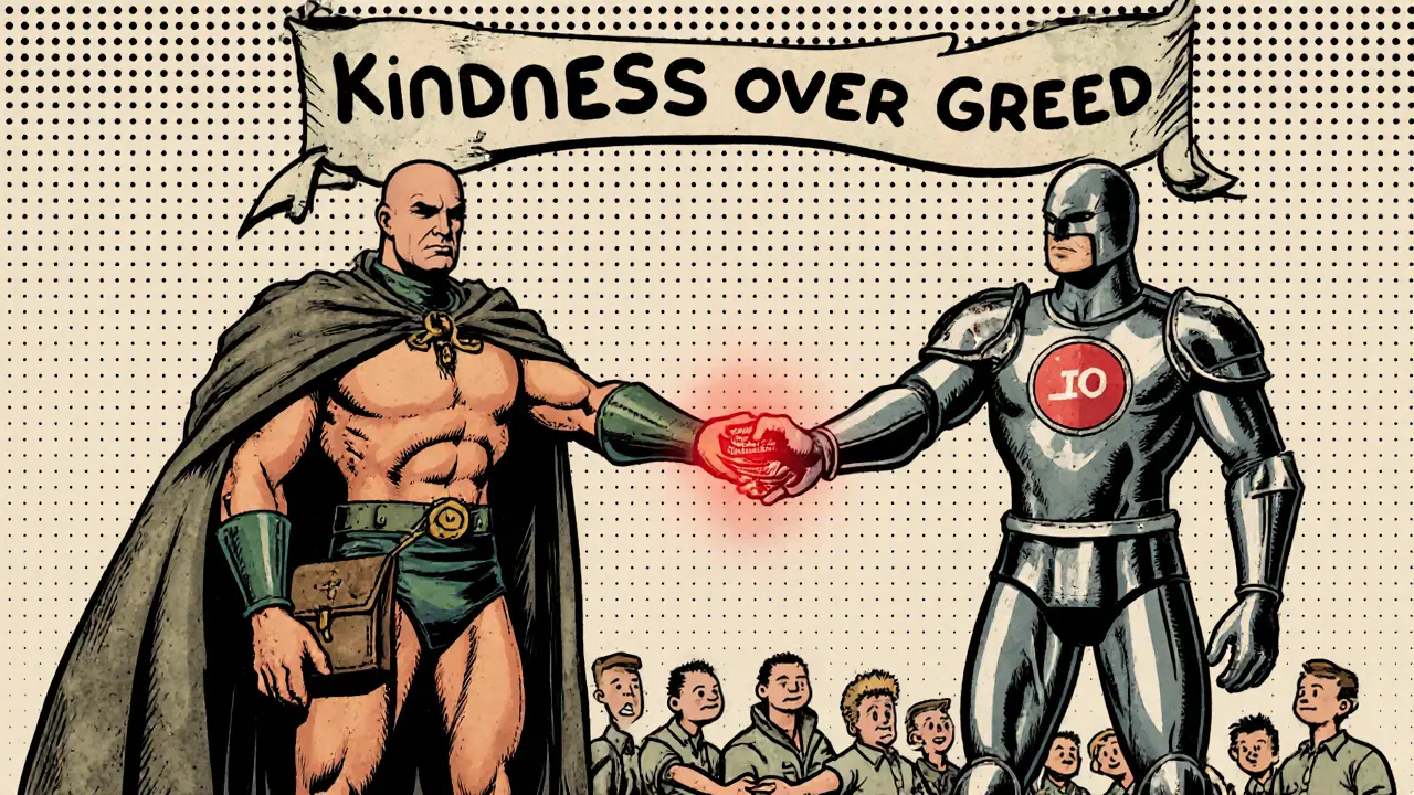 Two versions of Dogelon Mars stand side by side as a crowd passes tokens under a kindness banner.