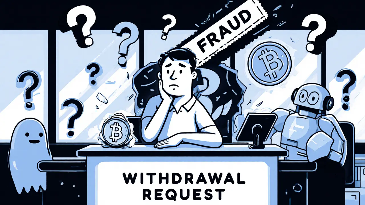 User trapped at a withdrawal counter surrounded by ghostly bots and a crushing Bitcoin.