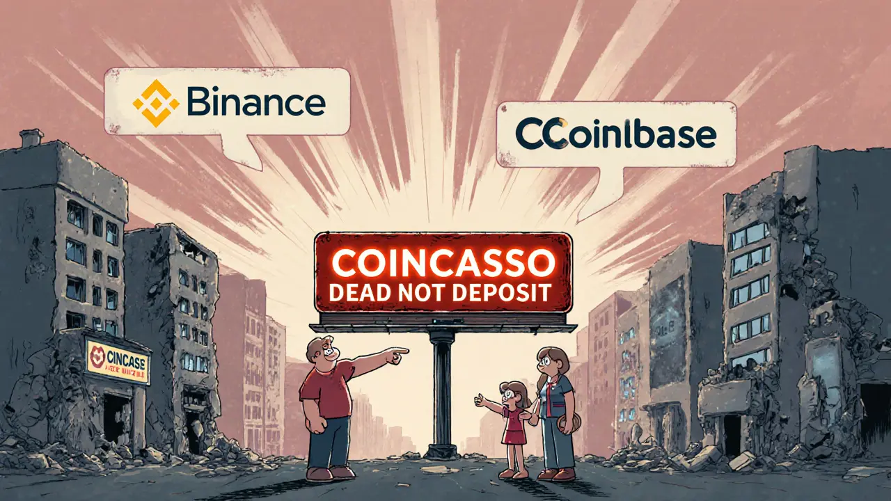 Warning billboard over a ruined CoinCasso building while trusted exchanges glow in the distance.
