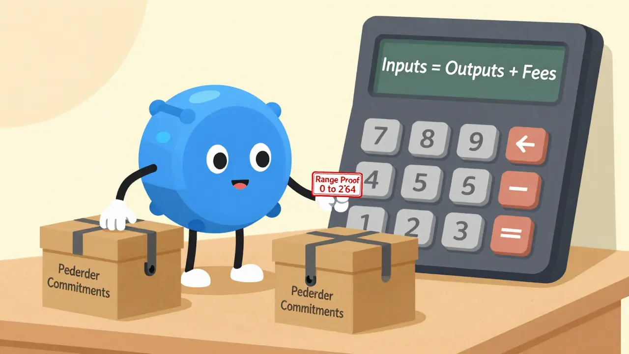 A cartoon blockchain node verifying locked transaction boxes with a range proof stamp.