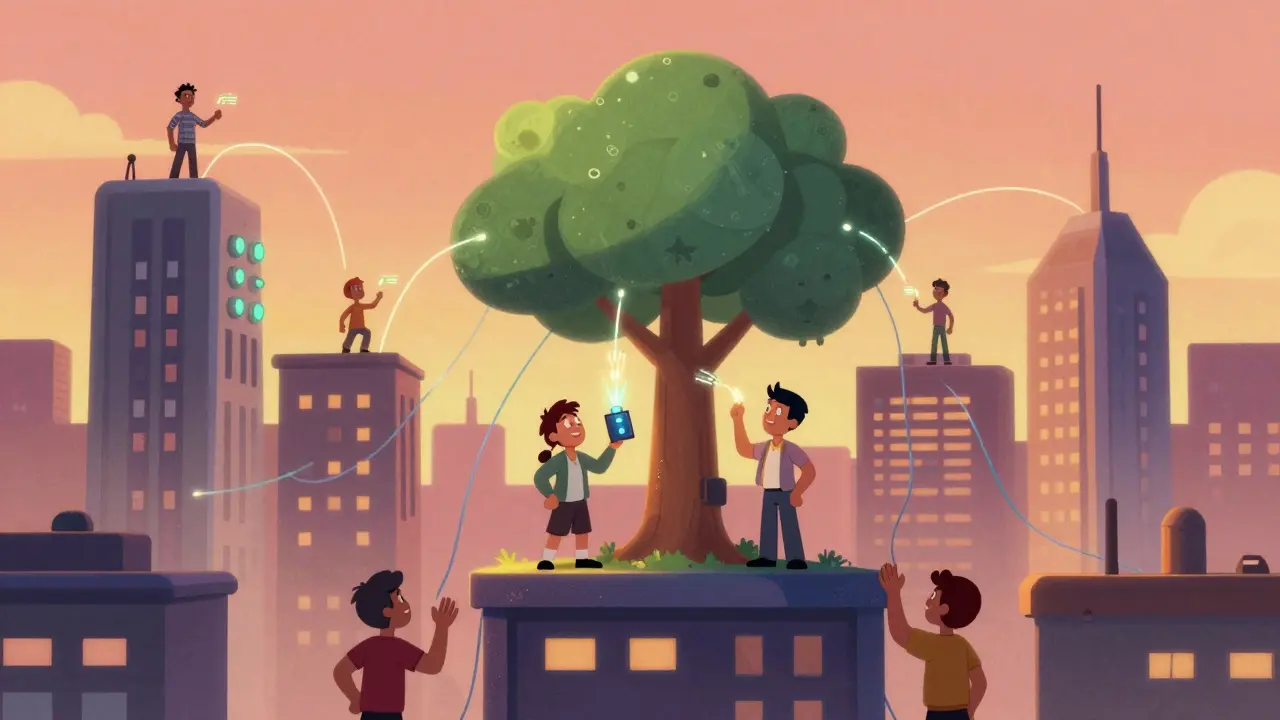 A city with streaming buildings connected by glowing cables to a blockchain tree, people sharing bandwidth.