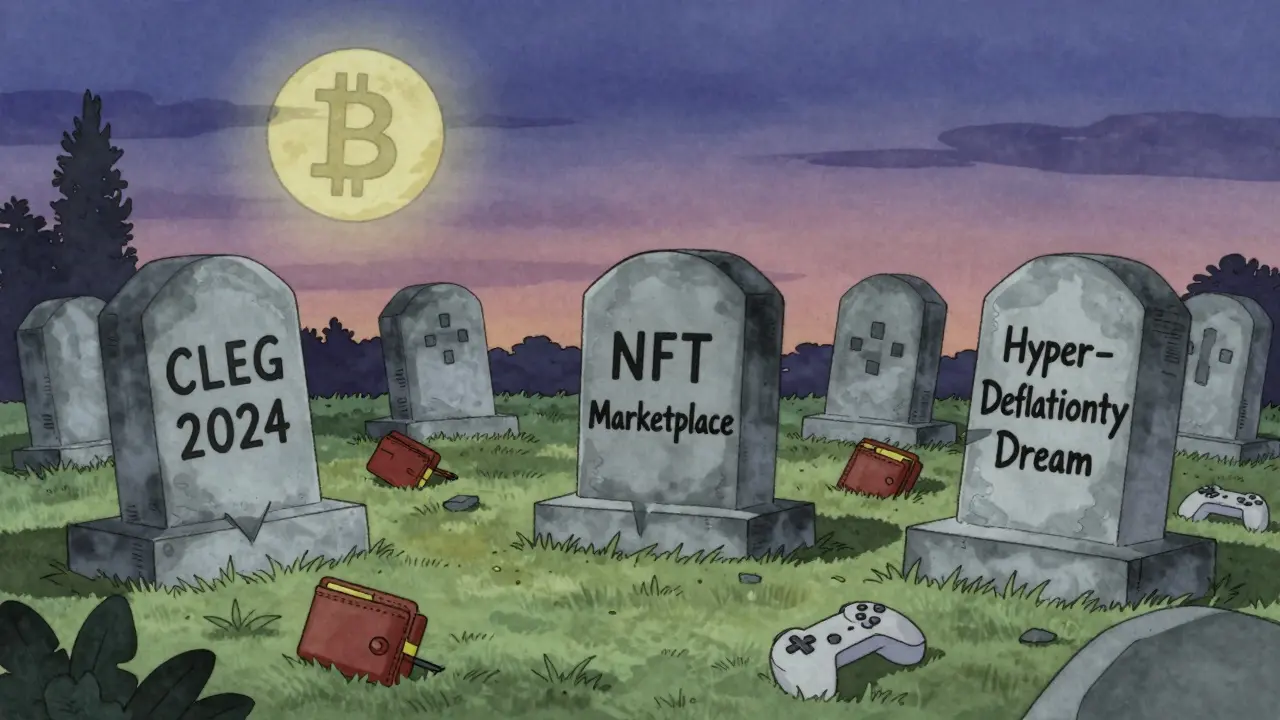 A crypto graveyard with tombstones for failed CLEG promises under a fading token-shaped moon.