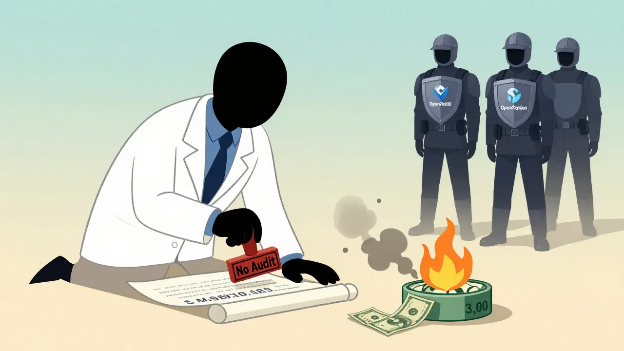 A developer stamps 'No Audit' as money burns beside a tiny liquidity pool, while security shields stand strong.