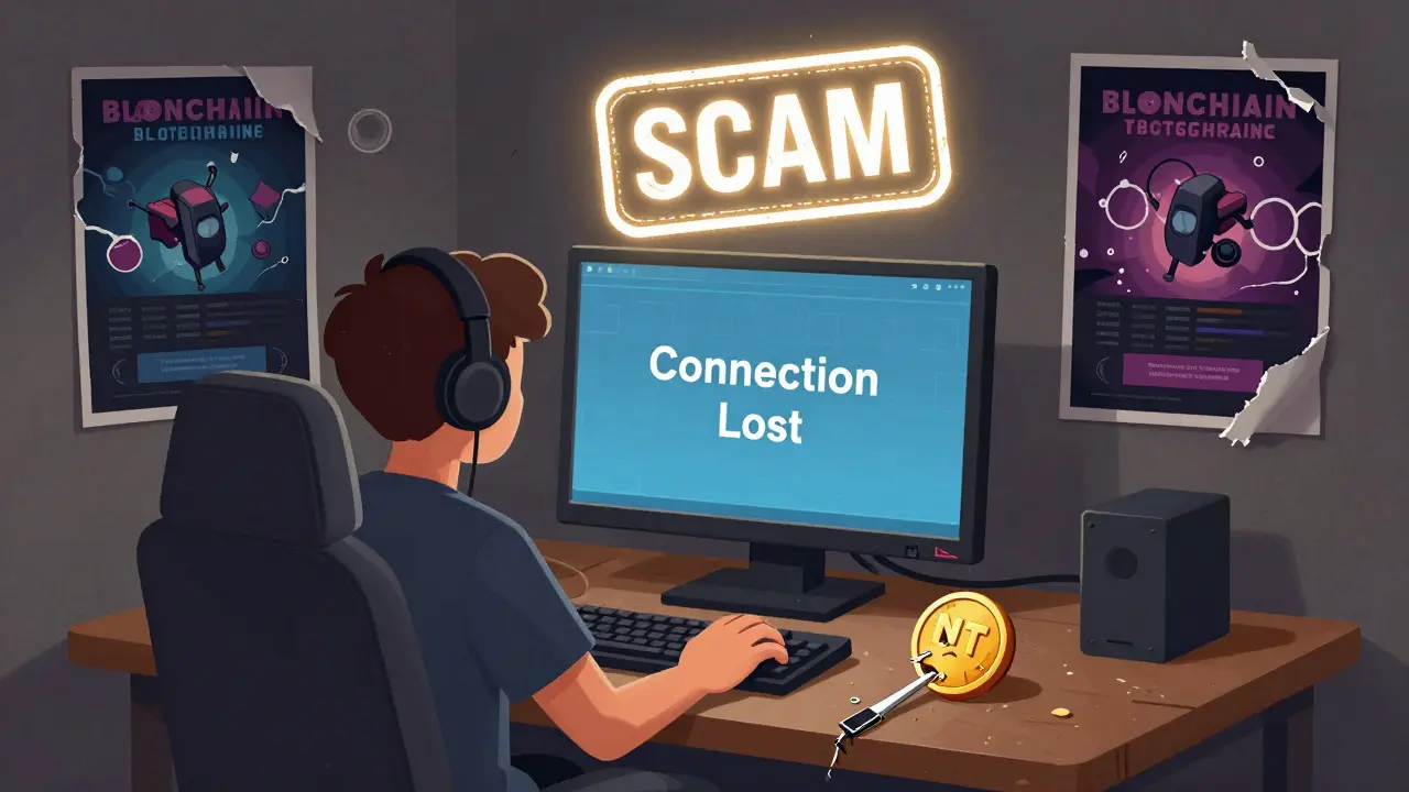 A gamer at a dark computer with a 'SCAM' halo overhead and a worthless NT token on the desk.