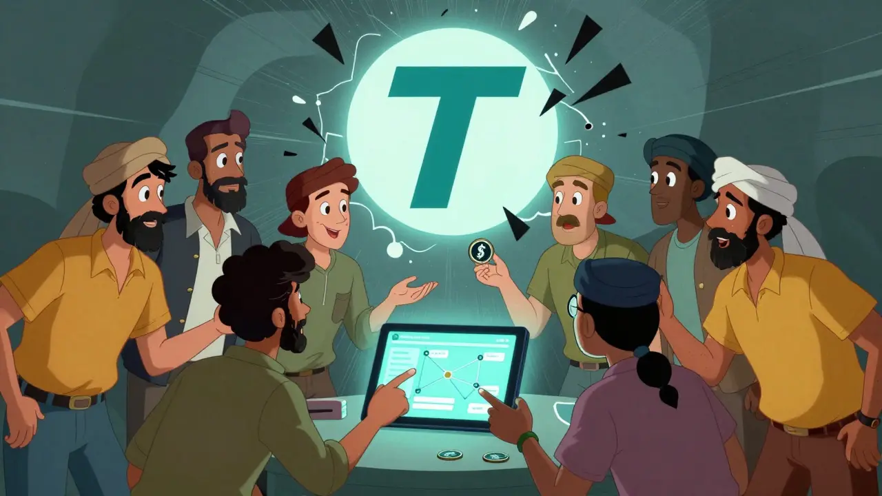 A group passes a MATIC token through a network of nodes as a Tether logo crumbles behind them in UPA cartoon style.
