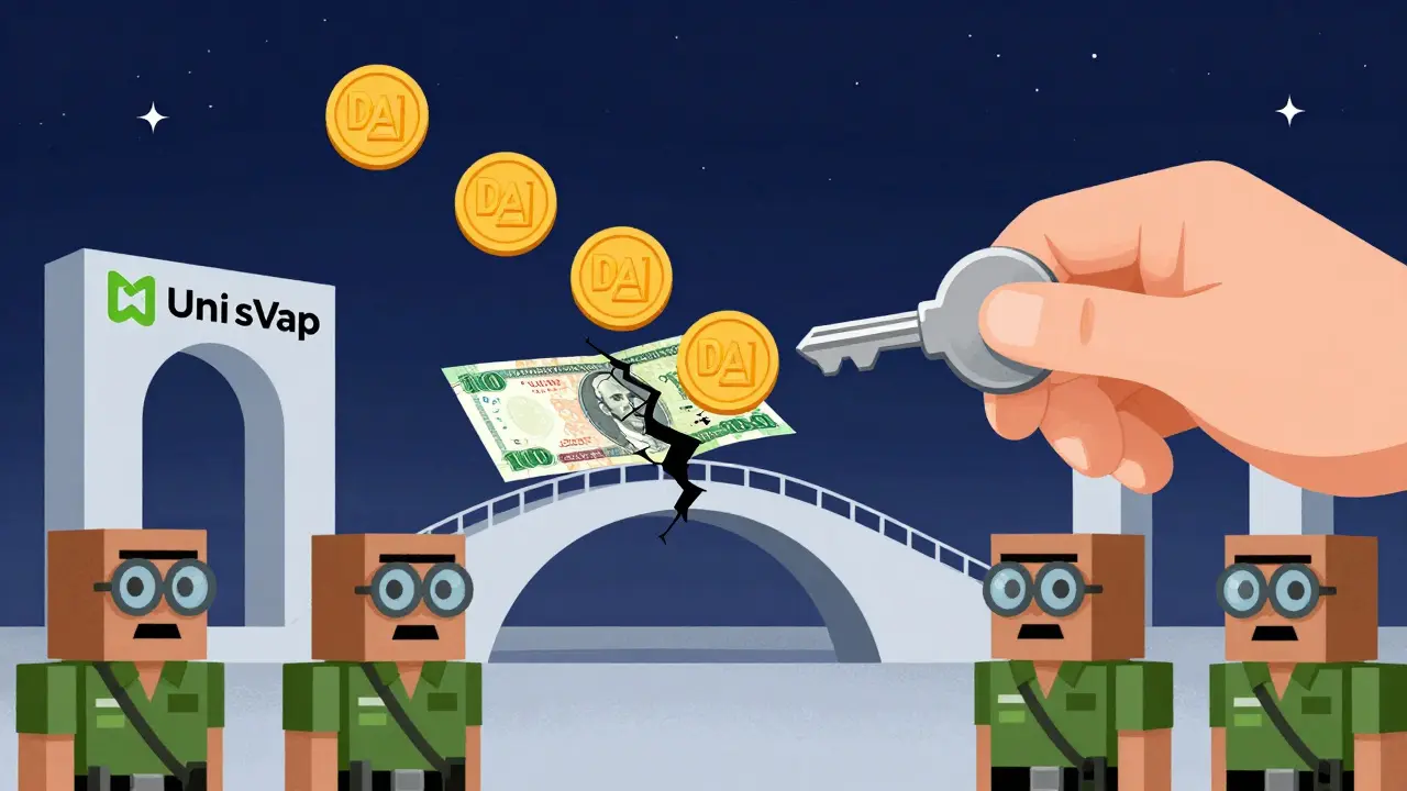 A hand unlocks DAI coins forming a bridge over a broken rial banknote, government agents frozen nearby in cartoon style.