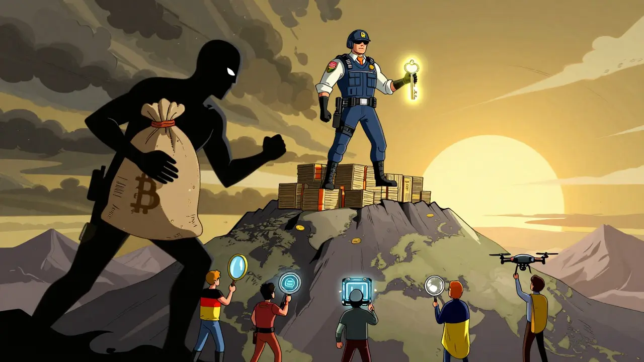 A hero agent stands atop seized Bitcoin as criminals flee, watched by global observers.