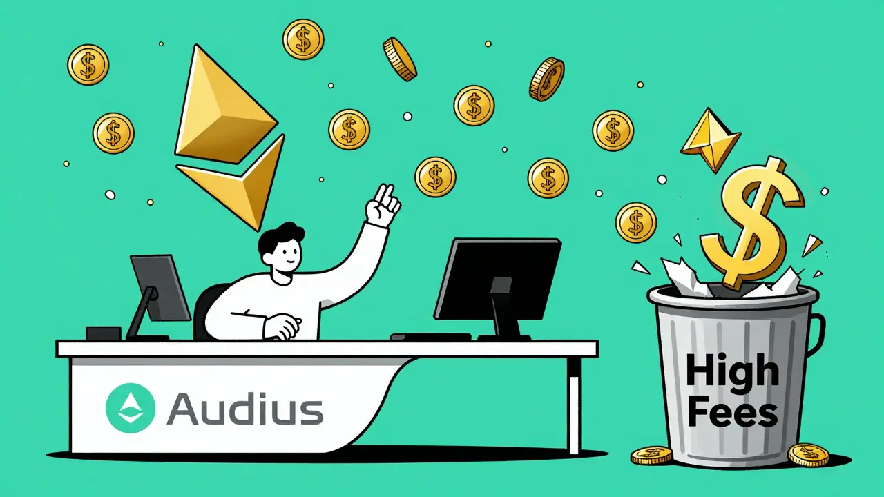 A musician uploading music as blockchain coins fall, while high fees are thrown away in a trash can.