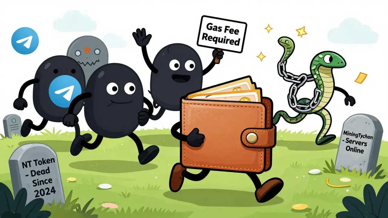 A running wallet being chased by scammer creatures near a graveyard of dead crypto projects.